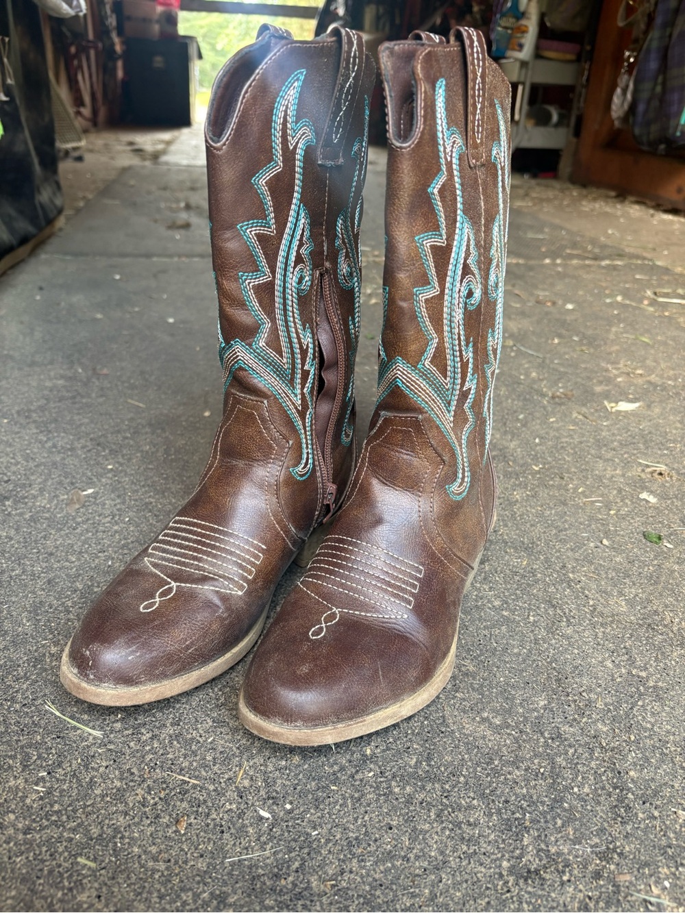 Kids Brown Western Boots with Turquoise Stitching